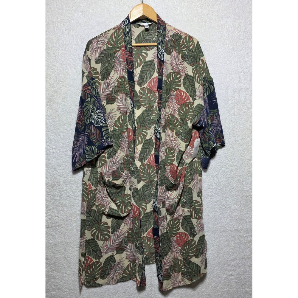 Time and Tru Tropical Leaf Print Kimono Duster Bay Leaf Multi Green L/G NWT